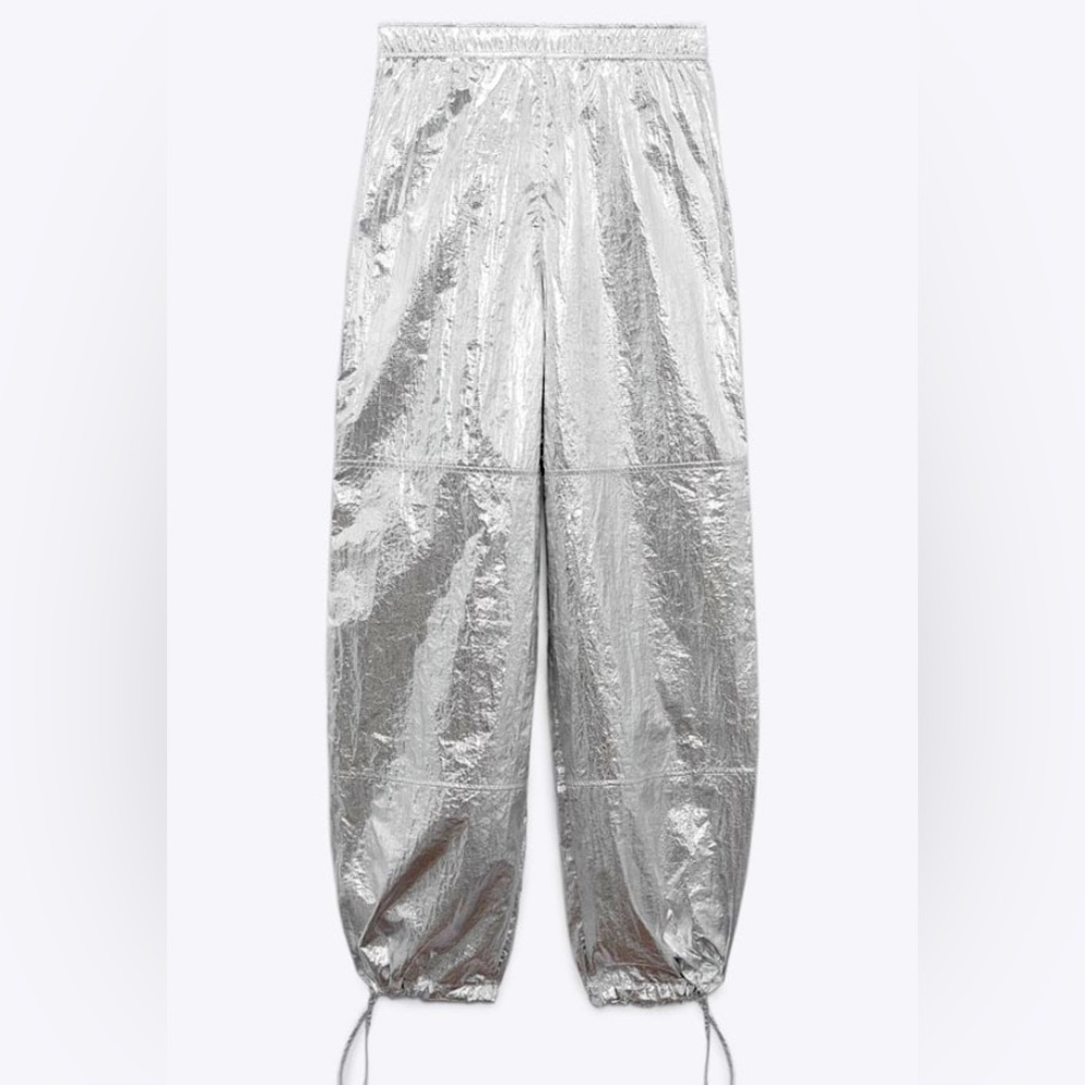 Zara Metallic Silver Parachute Pants